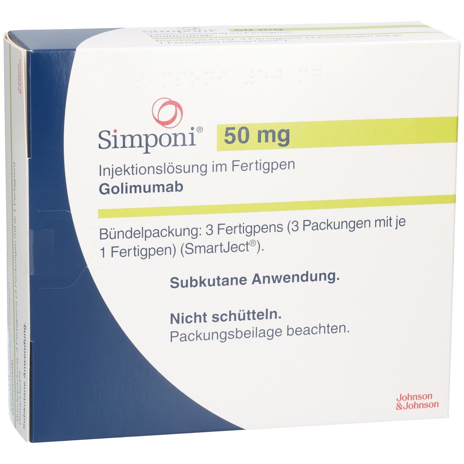 Simponi 50 mg Injektionslösung im Fertigpen: Vorderansicht der Bündelpackung mit 3 Fertigpens.