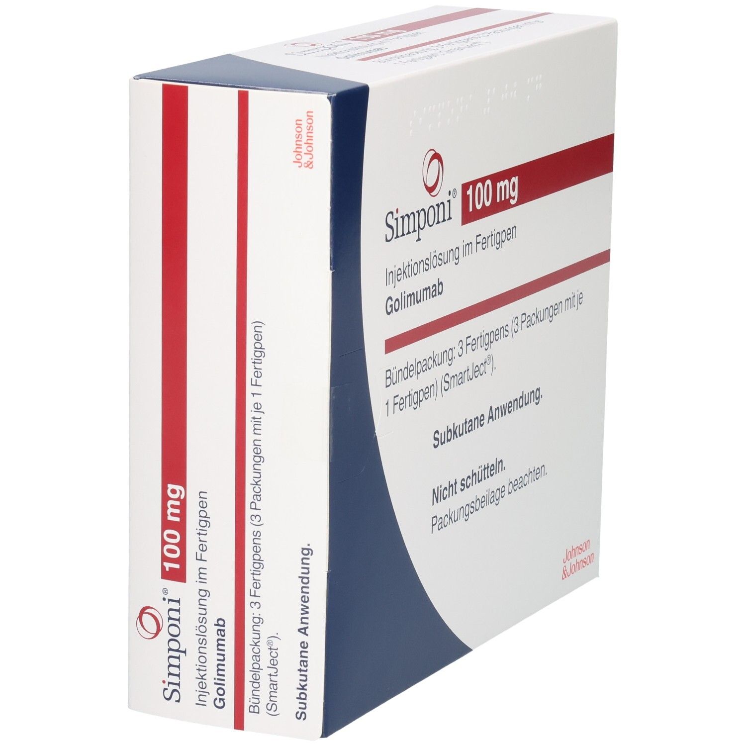SIMPONI 100 mg Injektionslösung im Fertigpen, Golimumab. Seitenansicht der Bündelpackung.