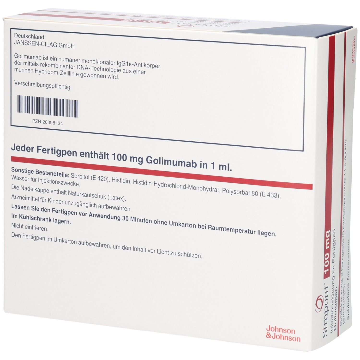 SIMPONI 100 mg Injektionslösung im Fertigpen, Golimumab. Rückseite der Packung mit Details.