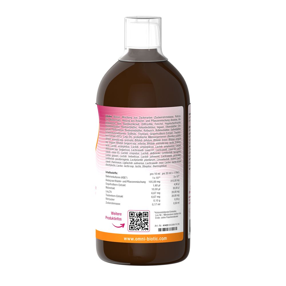 Rückseite der OMNI BiOTiC ViTAL MikroSan 1000ml Flasche mit detaillierten Inhaltsstoffen und Nährwertangaben.