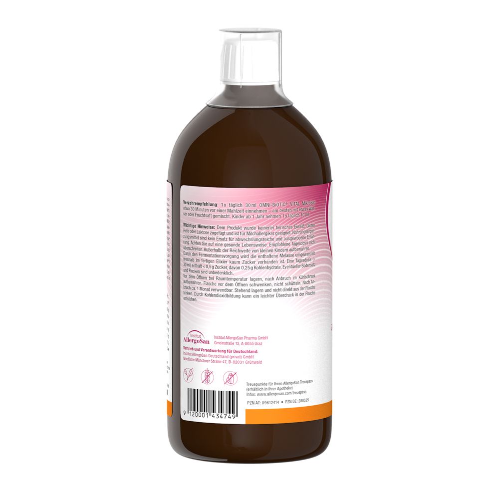 Rückseite der OMNI BiOTiC ViTAL MikroSan 1000ml Flasche mit Siegeln und Barcode. Enthält Informationen zur Allergenfreiheit.