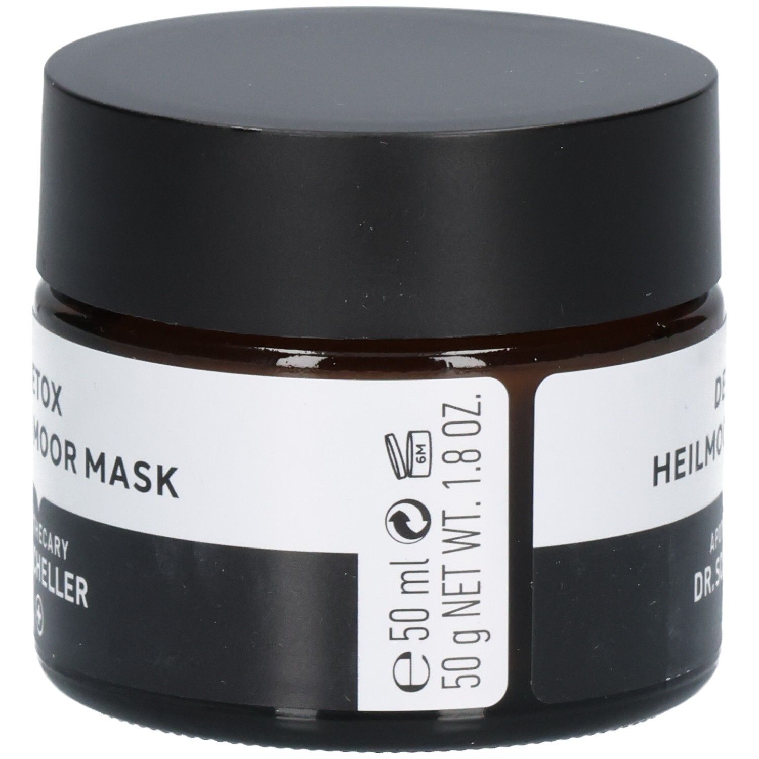 Glasgefäß mit Etikett: "50 ml", "50 g NET WT. 1.8 OZ.", "DETOX HEILMOOR MASKE", "DR. SCHELLER".