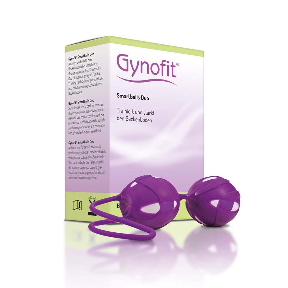Gynofit Smartballs Duo. Zwei lila Kugeln mit Verbindungsstück und Verpackung. Text: Trainiert und stärkt den Beckenboden.