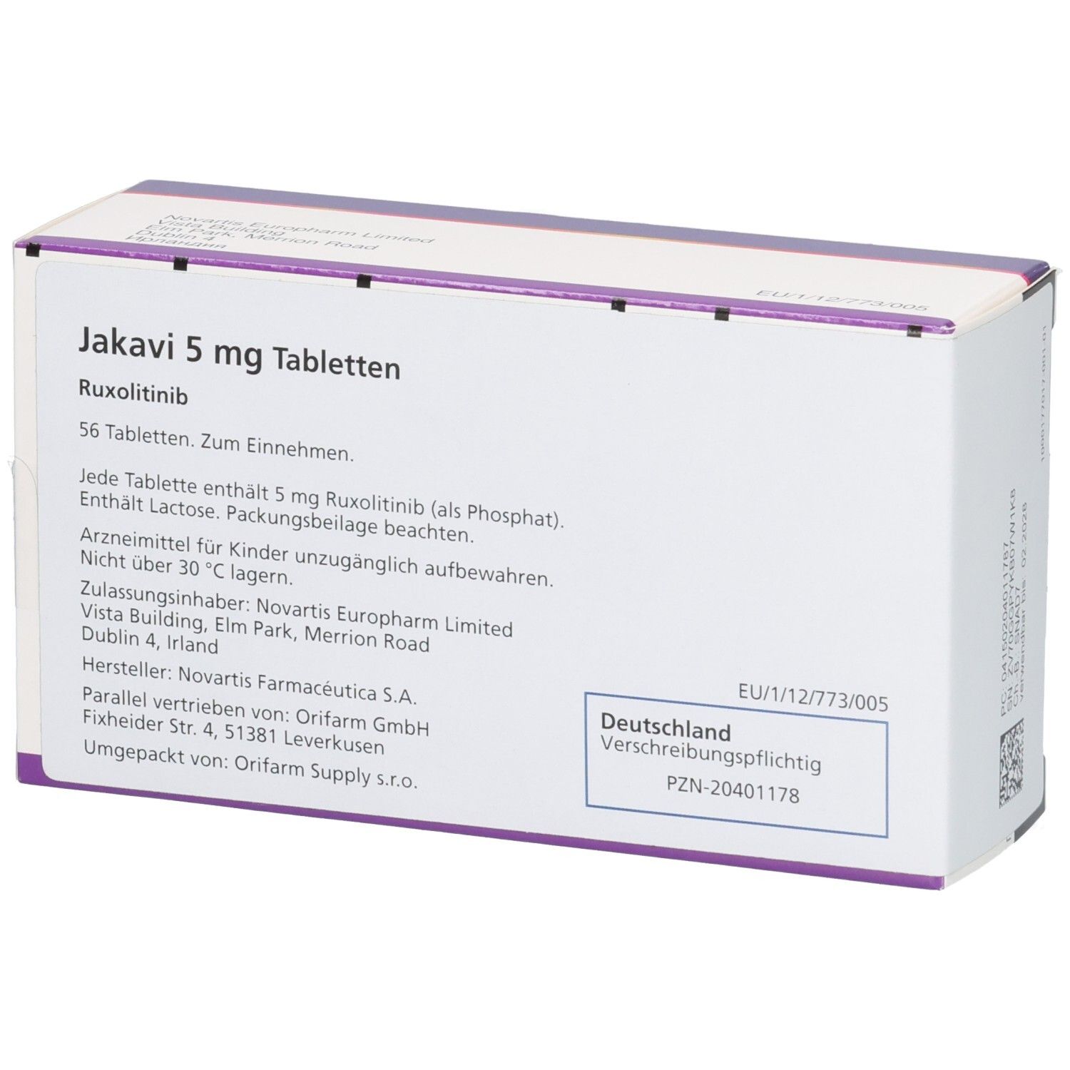 Schachtel JAKAVI 5 mg Tabletten. Text: 56 Tabletten, Ruxolitinib. Text: Deutschland, EU/1/12/773/005.