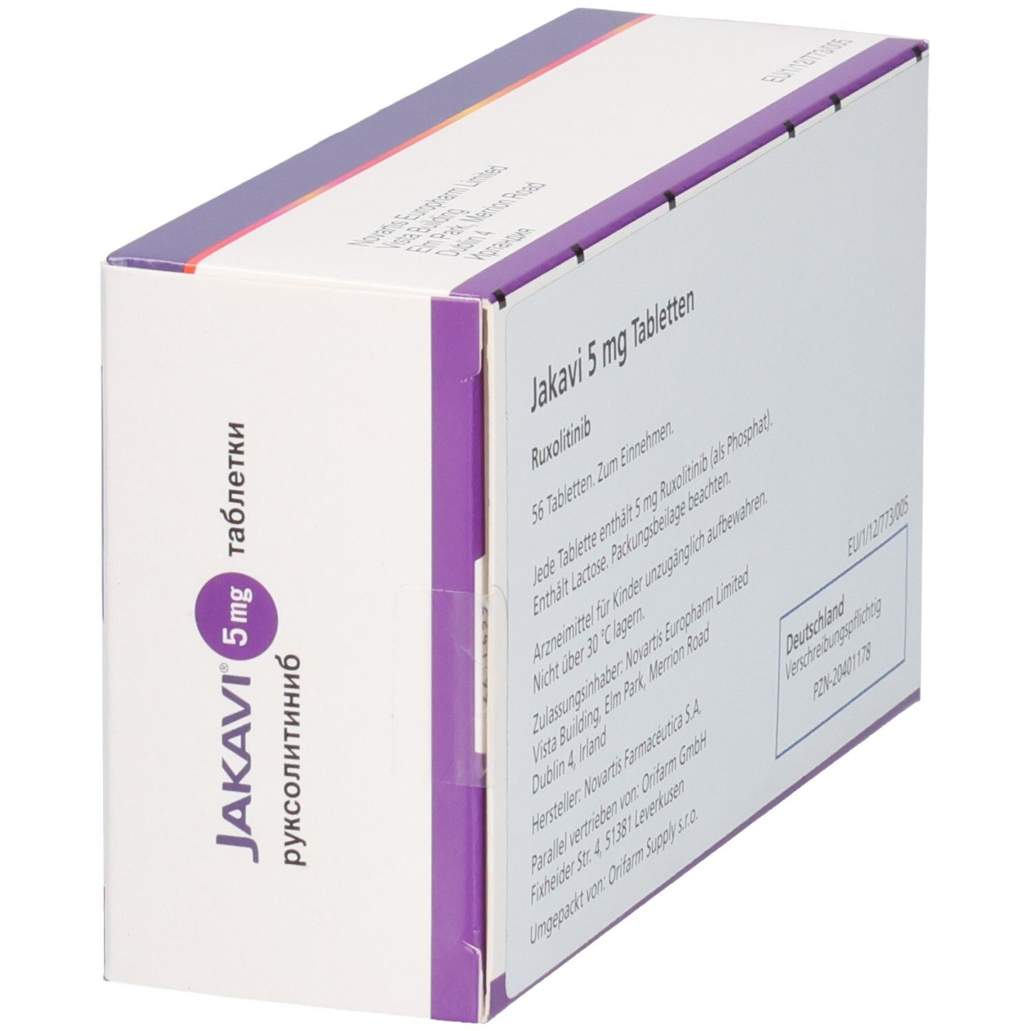 Schachtel JAKAVI 5 mg Tabletten. Text: 56 Tabletten, Ruxolitinib. Text: Deutschland, EU/1/12/773/005.