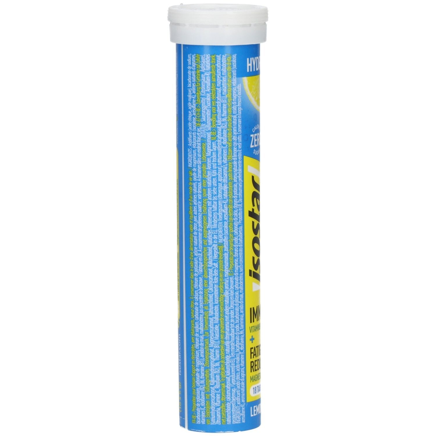 Zylindrische Tube mit Tabletten. Blaue und gelbe Farbgebung. Text: Isostar Electrolytes, Hydro Tabs, Zitrone. Rückseite mit Text.