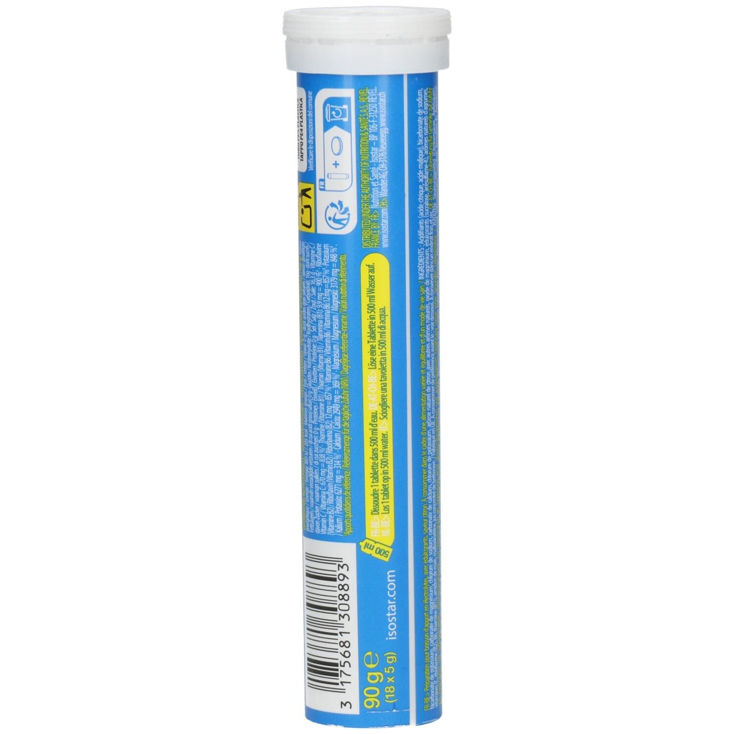 Zylindrische Tube mit Tabletten. Rückseite mit Text und Barcode. Text: Isostar.com, 90g (18 x 5 g).