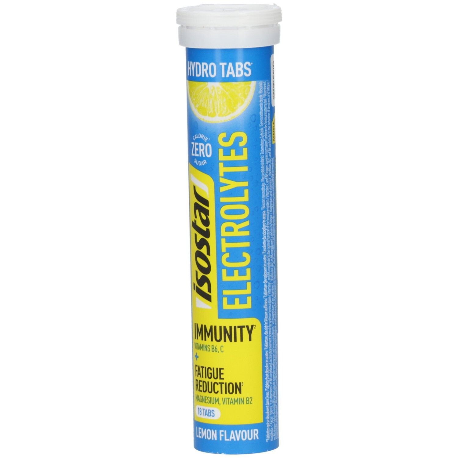 Zylindrische Tube mit Tabletten. Aufschrift: Isostar Electrolytes, Hydro Tabs, Zitrone. Enthält 18 Tabletten. Gelb und blau.