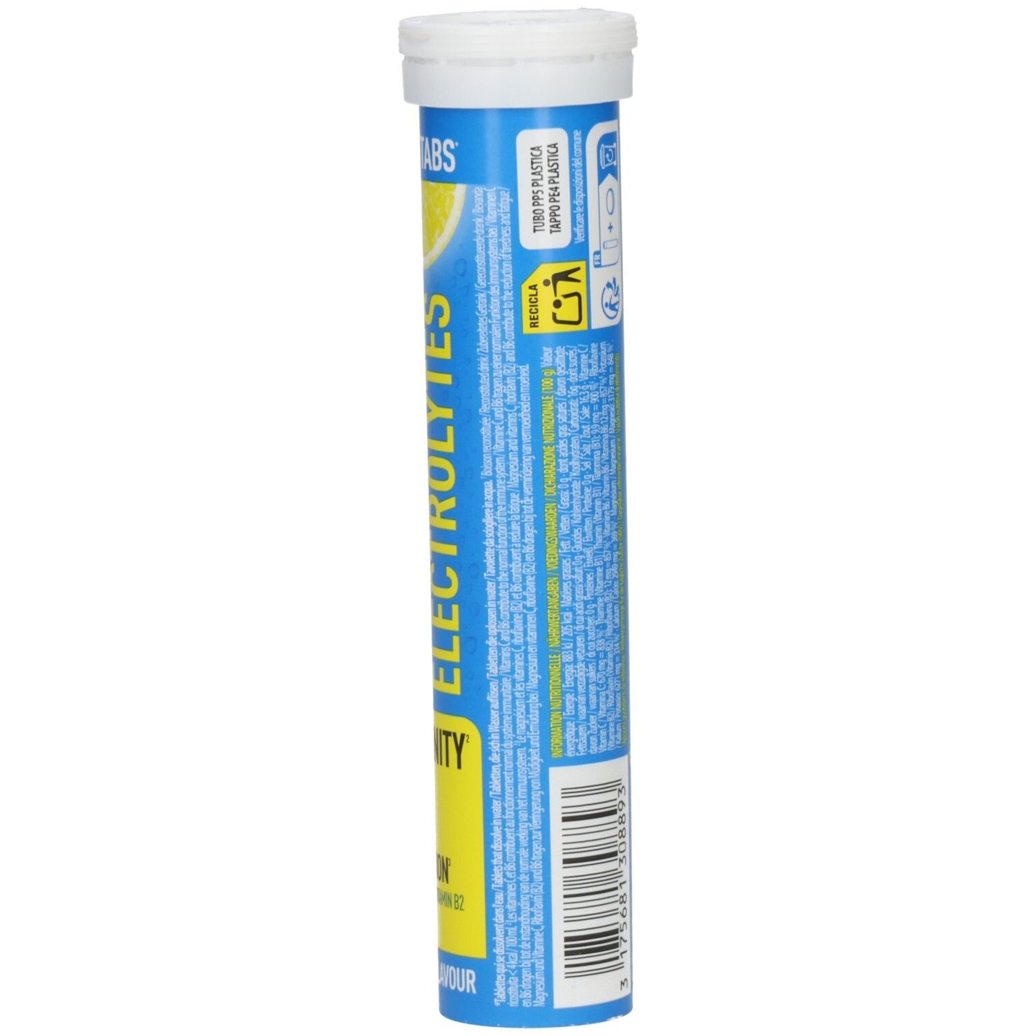 Zylindrische Tube mit Tabletten. Rückseite mit Text und Symbolen. Text: Isostar Electrolytes. Gelb und blau.