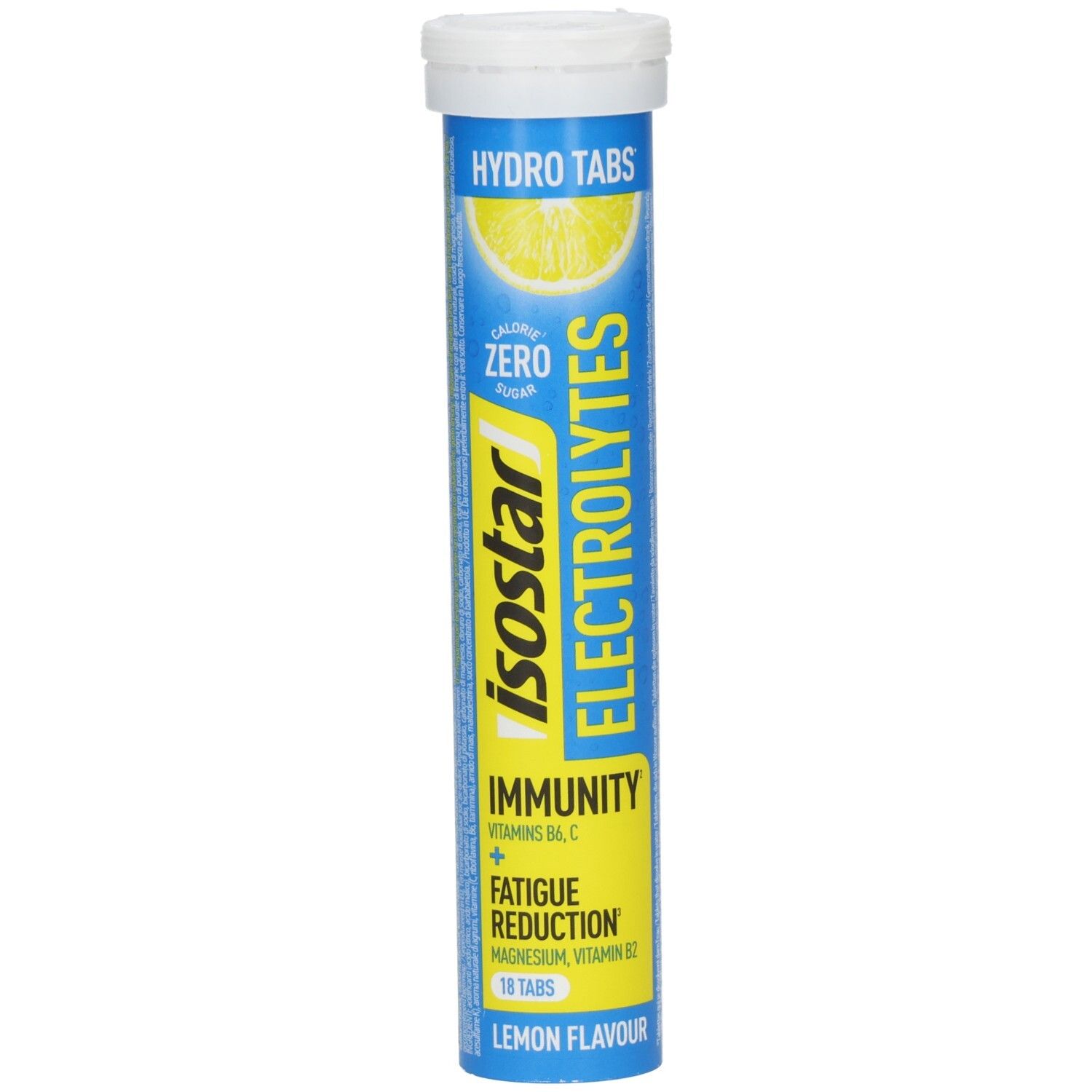 Zylindrische Tube mit Tabletten. Aufschrift: Isostar Electrolytes, Hydro Tabs, Zitrone. Enthält 18 Tabletten. Gelb und blau.