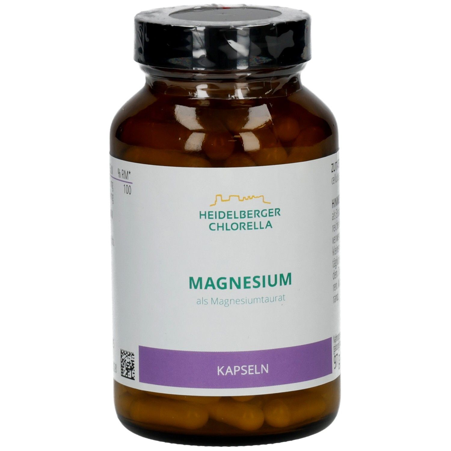 Braune Glasflasche mit Magnesiumtaurat-Kapseln, Etikett mit "HEIDELBERGER CHLORELLA" und "MAGNESIUM"