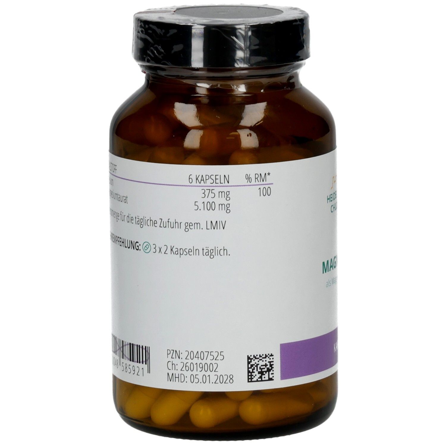 Rückseite der Magnesiumtaurat-Flasche mit Nährwertangaben, PZN und MHD