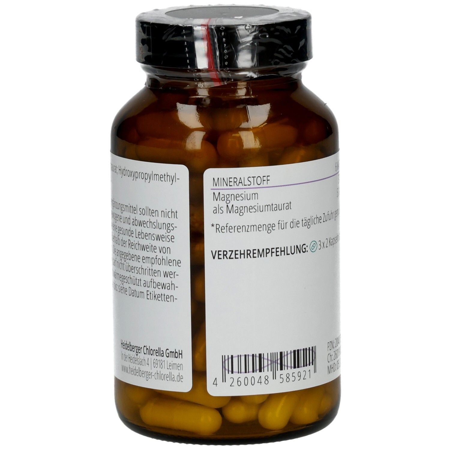 Seitenansicht der Magnesiumtaurat-Flasche mit detaillierten Inhaltsstoffen und Hinweisen