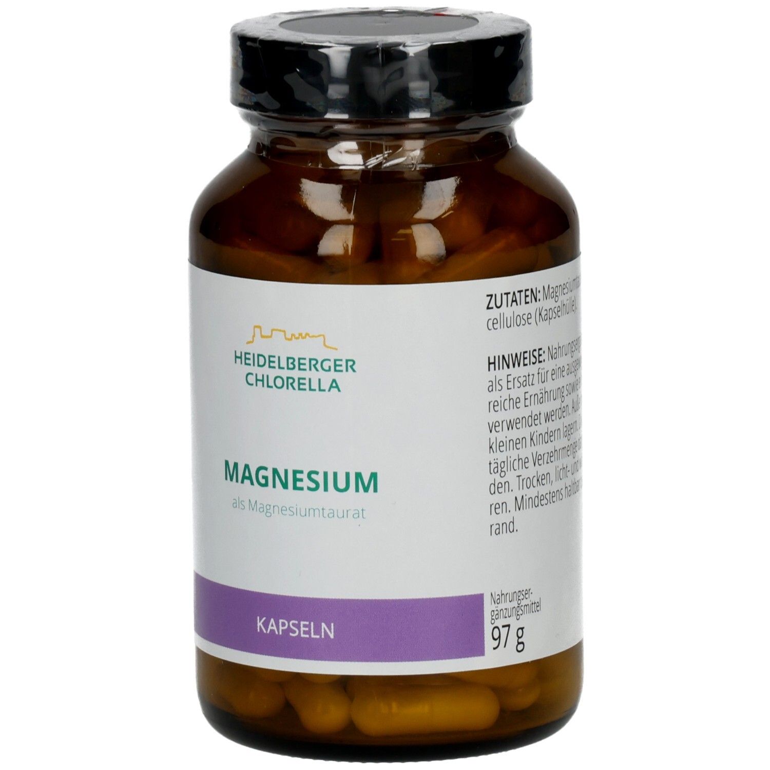 Vorderseite der Magnesiumtaurat-Flasche, Etikett mit "MAGNESIUM" und "KAPSELN", Nettogewicht 97g