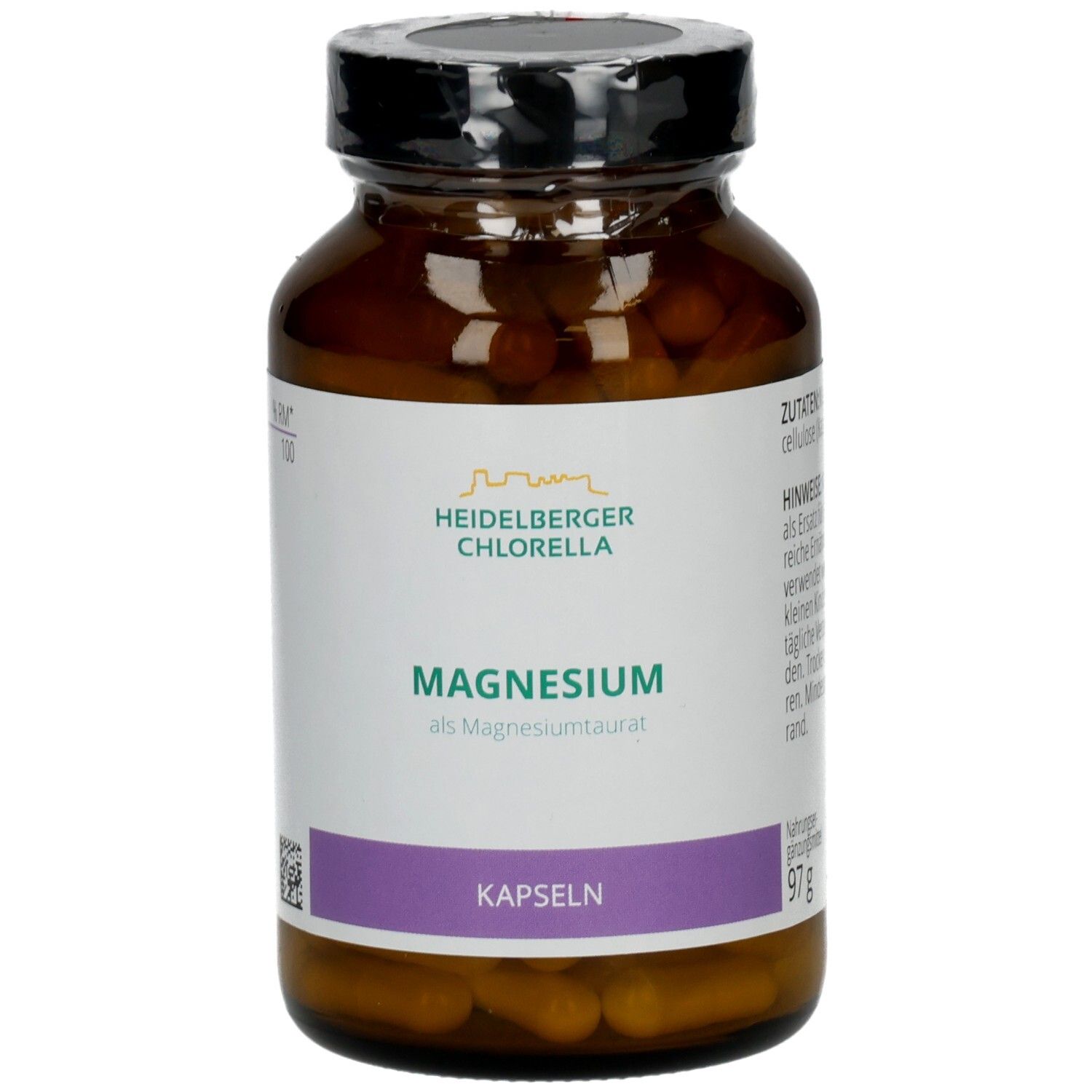 Magnesiumtaurat-Kapseln in brauner Glasflasche, Etikett mit "HEIDELBERGER CHLORELLA" und "KAPSELN"