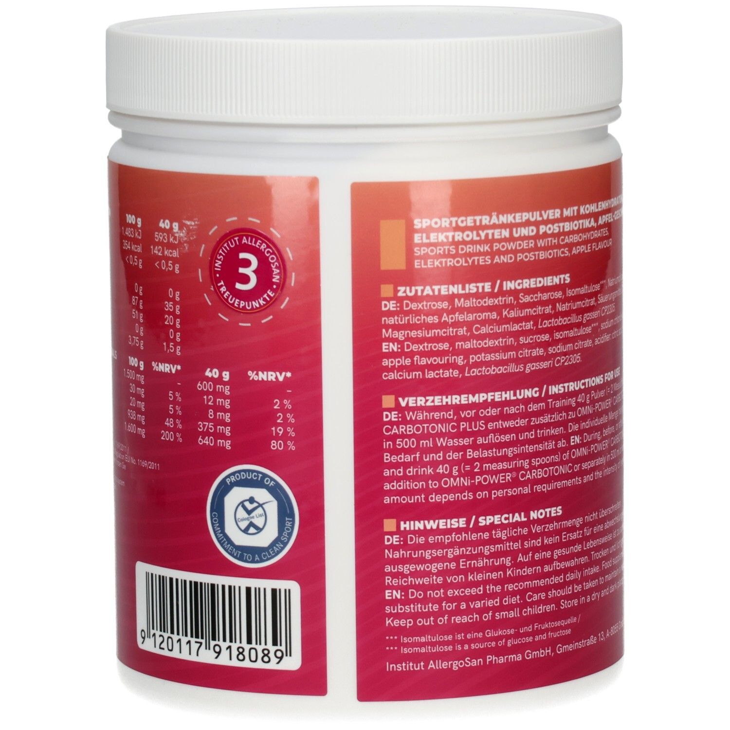 Rückseite des weißen Gefäßes mit OMNi-POWER CARBOTONIC PLUS. Nährwertangaben und Allergenhinweise. Produkt mit Qualitätssiegel.