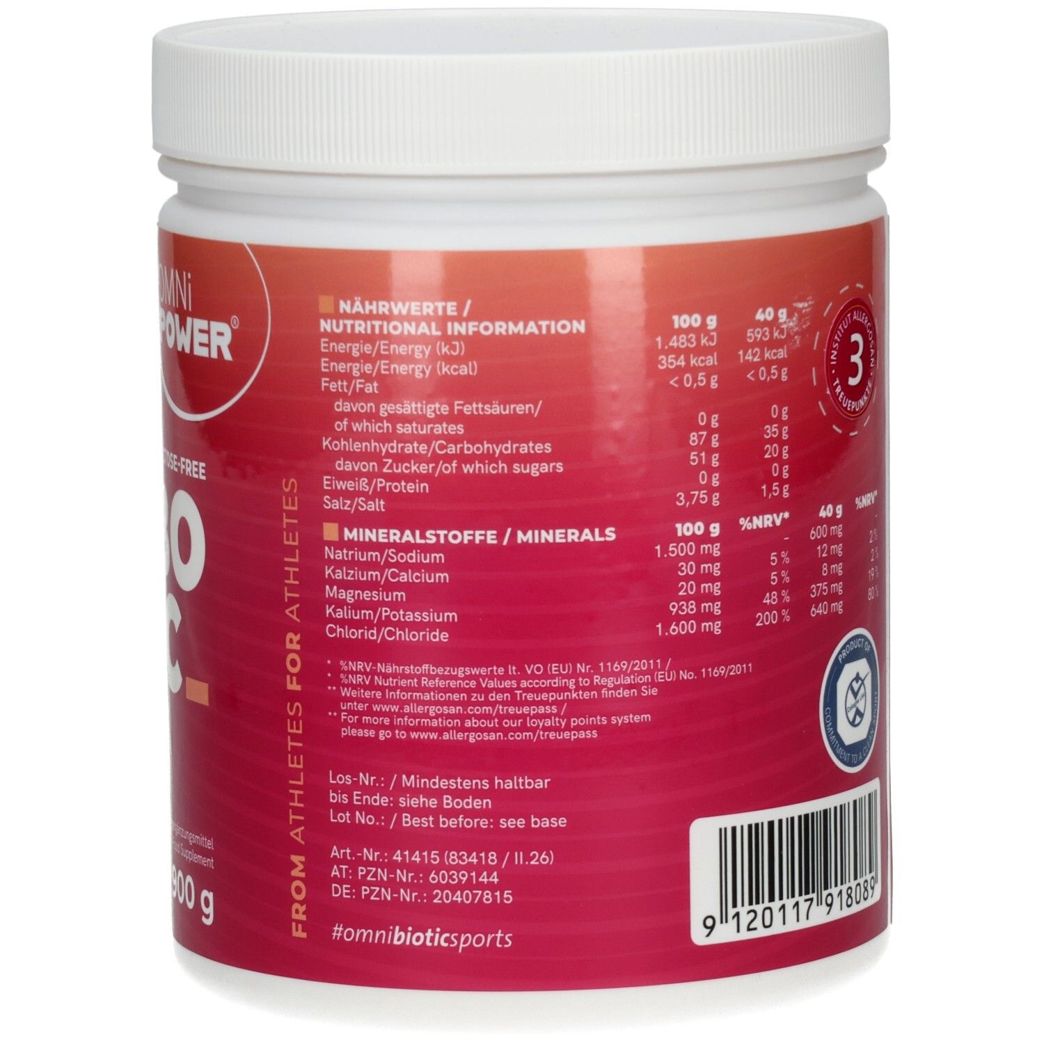 Weißes Gefäß mit OMNi-POWER CARBOTONIC PLUS. Nährwertangaben und Mineralstoffe. Für Athleten. 900 g. Mindestens haltbar bis.