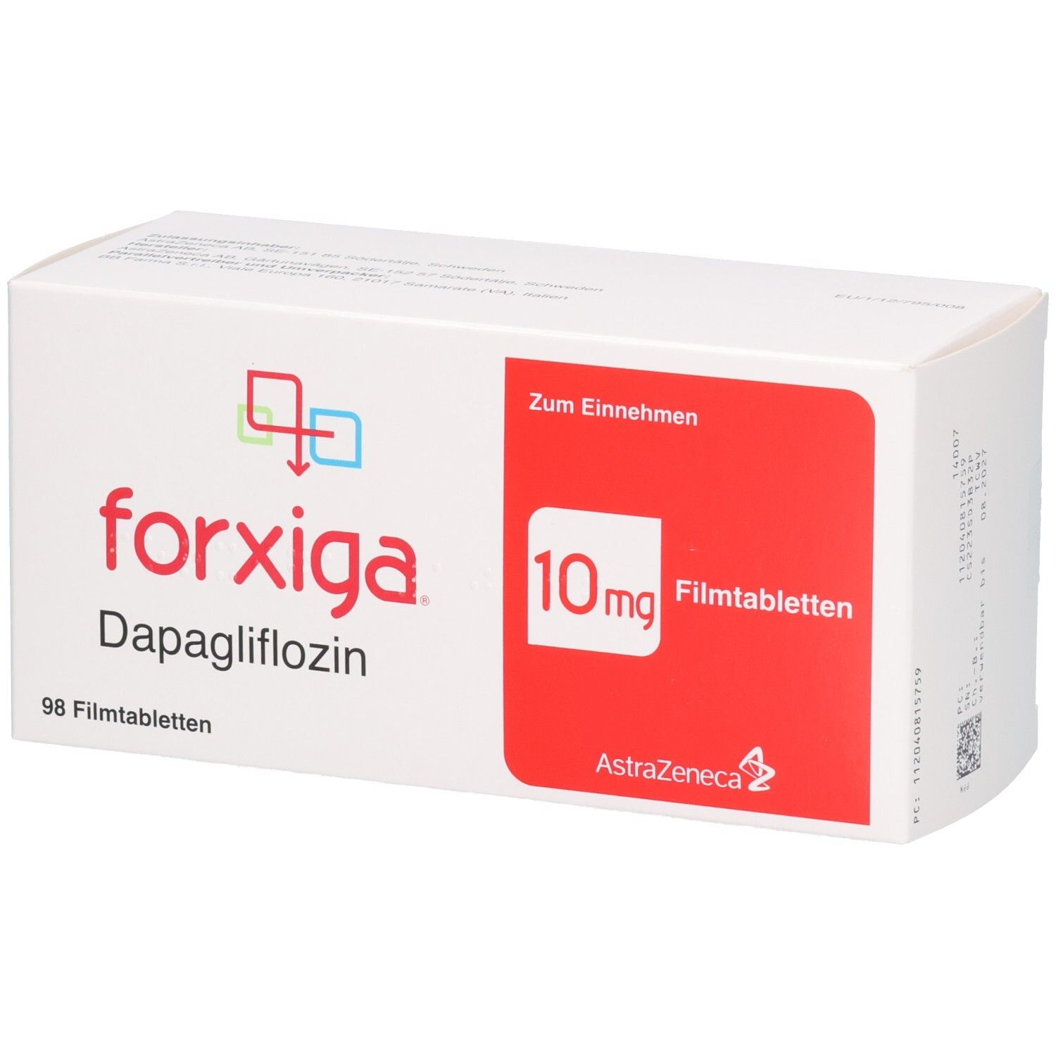 Weiße Schachtel mit rotem Feld. Aufschrift: forxiga, 10 mg Filmtabletten, 98 Filmtabletten. AstraZeneca Logo.