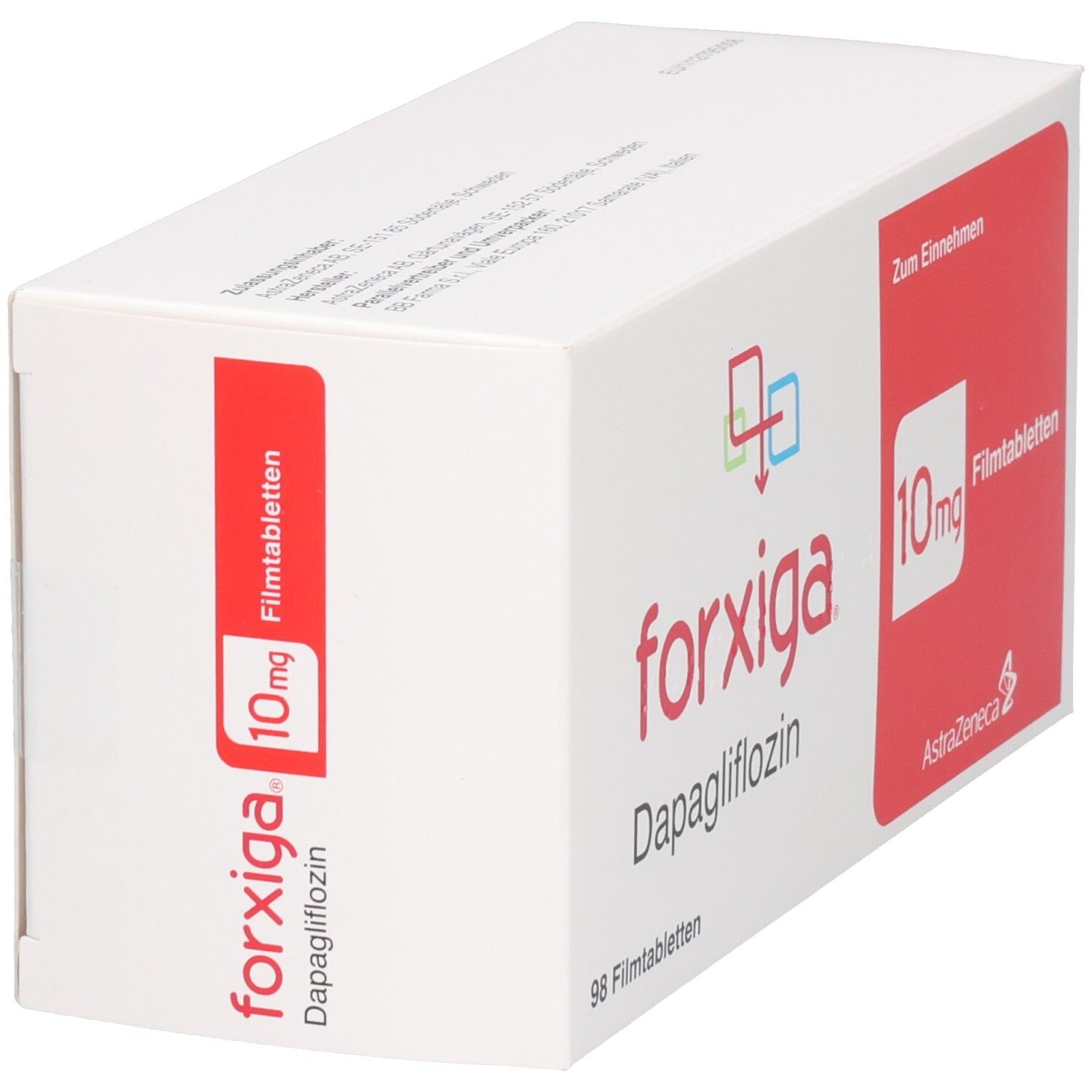 Weiße Schachtel mit rotem Feld. Aufschrift: forxiga, 10 mg Filmtabletten, 98 Filmtabletten. AstraZeneca Logo.