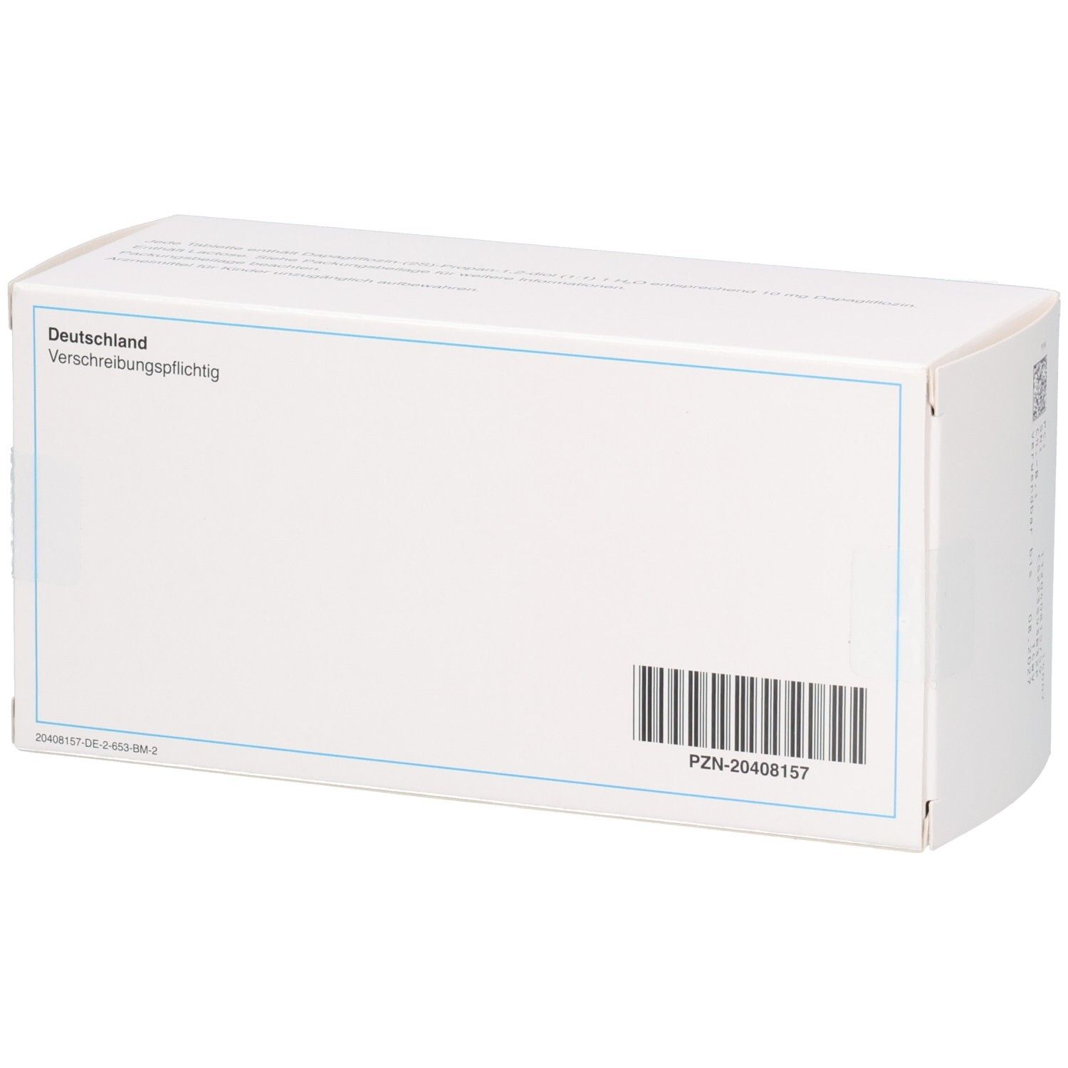 Rückseite einer weißen Schachtel. Barcode und Aufschrift: Deutschland, Verschreibungspflichtig. PZN-20408157.