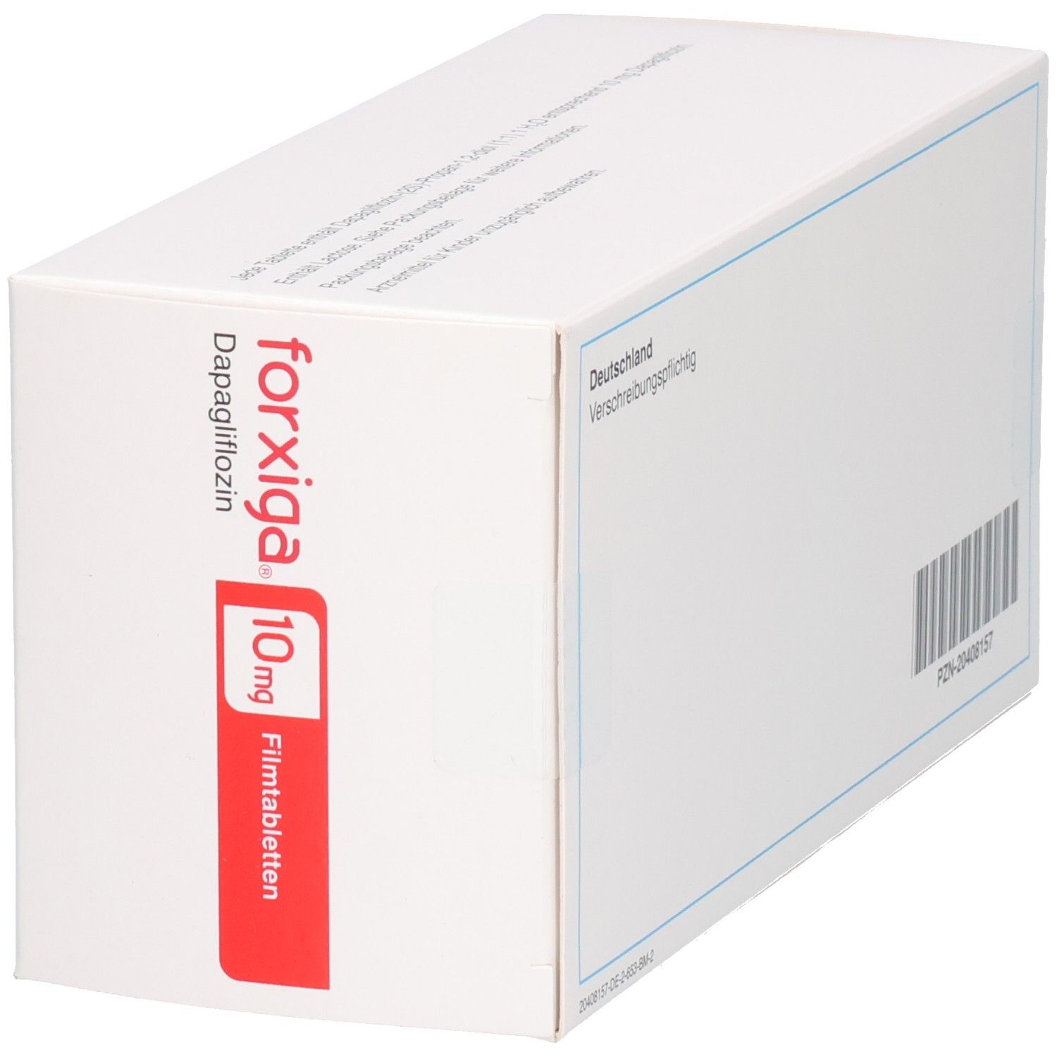 Weiße Schachtel mit rotem Feld. Aufschrift: forxiga, 10 mg Filmtabletten, 98 Filmtabletten. AstraZeneca Logo.