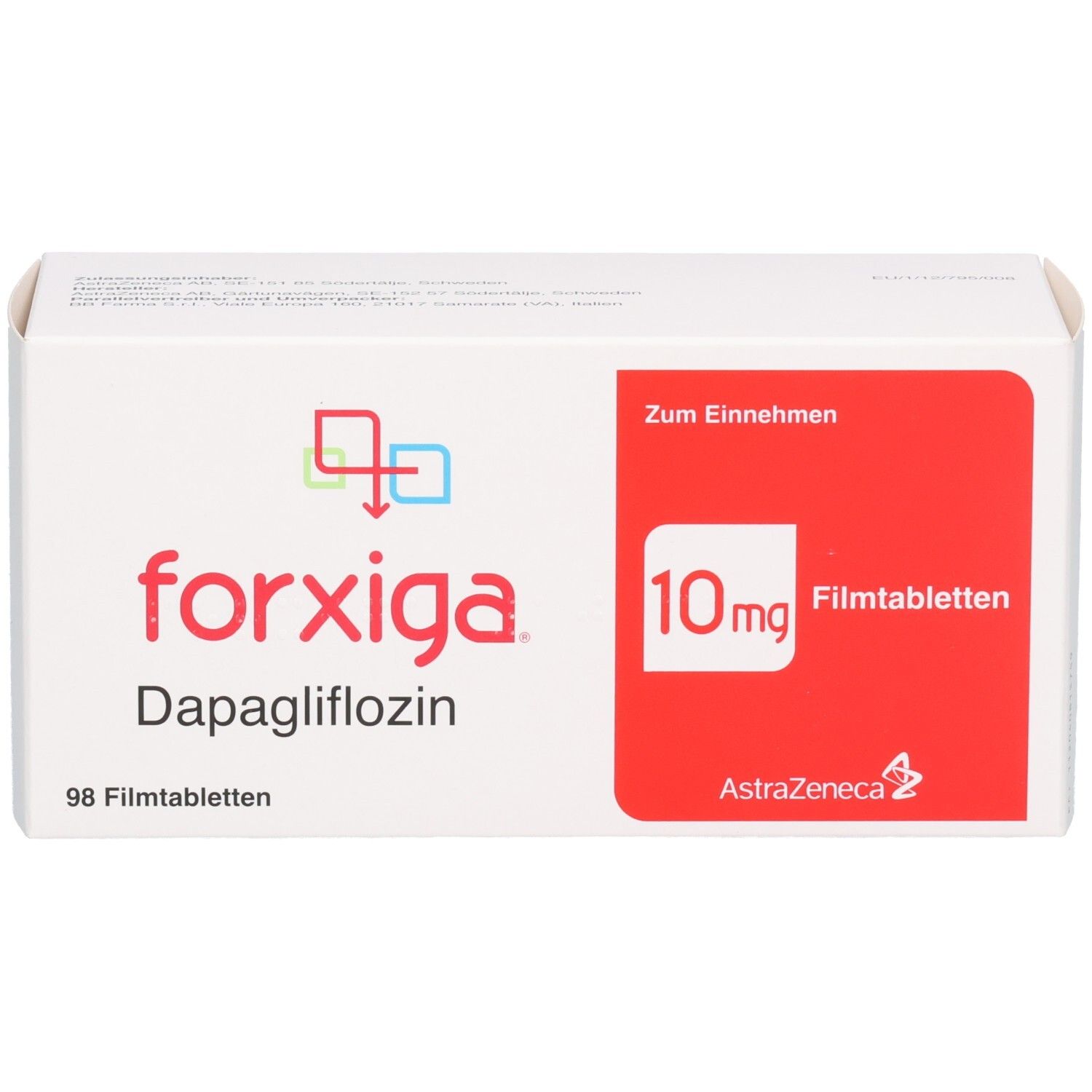Weiße Schachtel mit rotem Feld. Aufschrift: forxiga, 10 mg Filmtabletten, 98 Filmtabletten. AstraZeneca Logo.