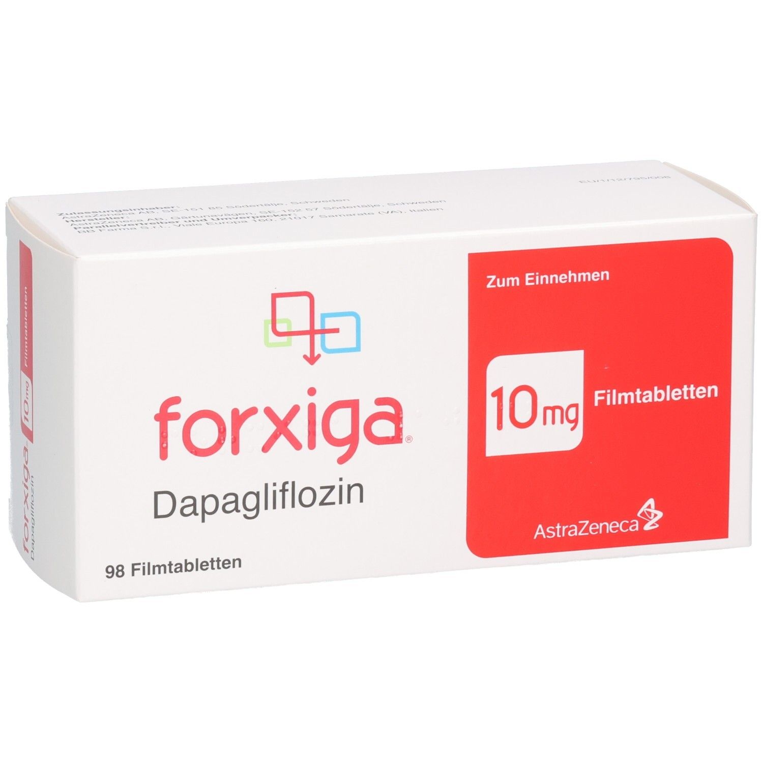 Weiße Schachtel mit rotem Feld. Aufschrift: forxiga, 10 mg Filmtabletten, 98 Filmtabletten. AstraZeneca Logo.