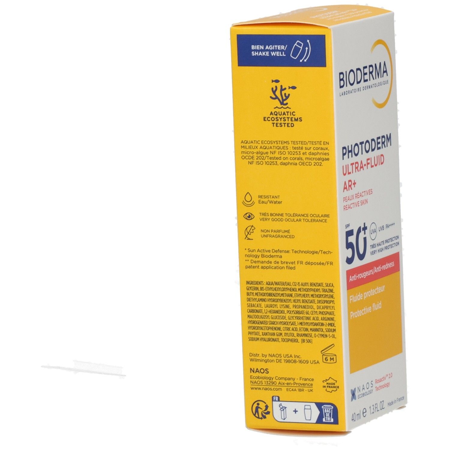 Rückseite der BIODERMA Photoderm Ultra-Fluid AR+ SPF 50+ Verpackung mit Hinweisen zu aquatischen Ökosystemen und Inhaltsstoffen.