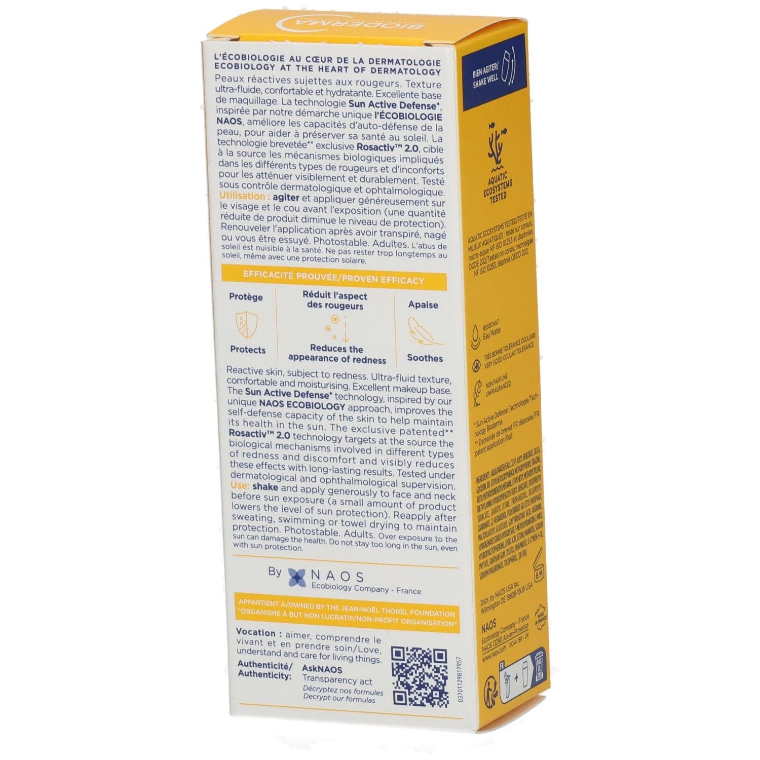 Seitenansicht der BIODERMA Photoderm Ultra-Fluid AR+ SPF 50+ Verpackung mit detaillierten Anwendungshinweisen und Wirksamkeitsangaben.