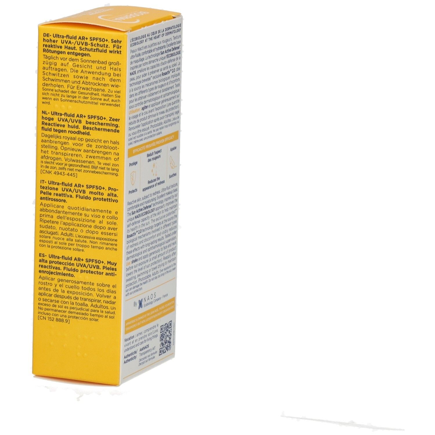 Seitenansicht der BIODERMA Photoderm Ultra-Fluid AR+ SPF 50+ Verpackung mit mehrsprachigen Produktbeschreibungen und Anwendungshinweisen.