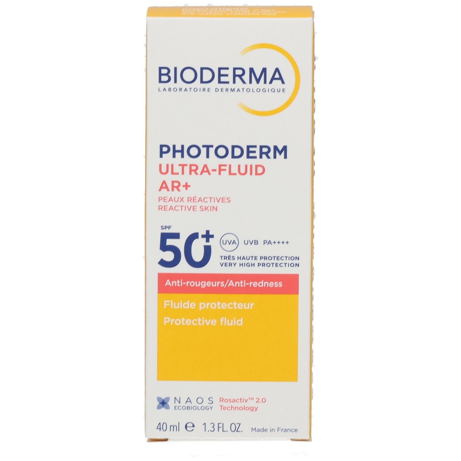 Vorderseite der BIODERMA Photoderm Ultra-Fluid AR+ SPF 50+ Verpackung, zeigt Marke, Produktname und LSF 50+ Schutz.