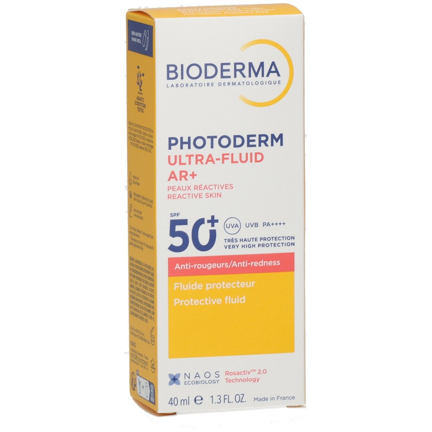 BIODERMA Photoderm Ultra-Fluid AR+ SPF 50+ Verpackung mit Fokus auf Marke, Produktname und LSF 50+ für reaktive Haut.