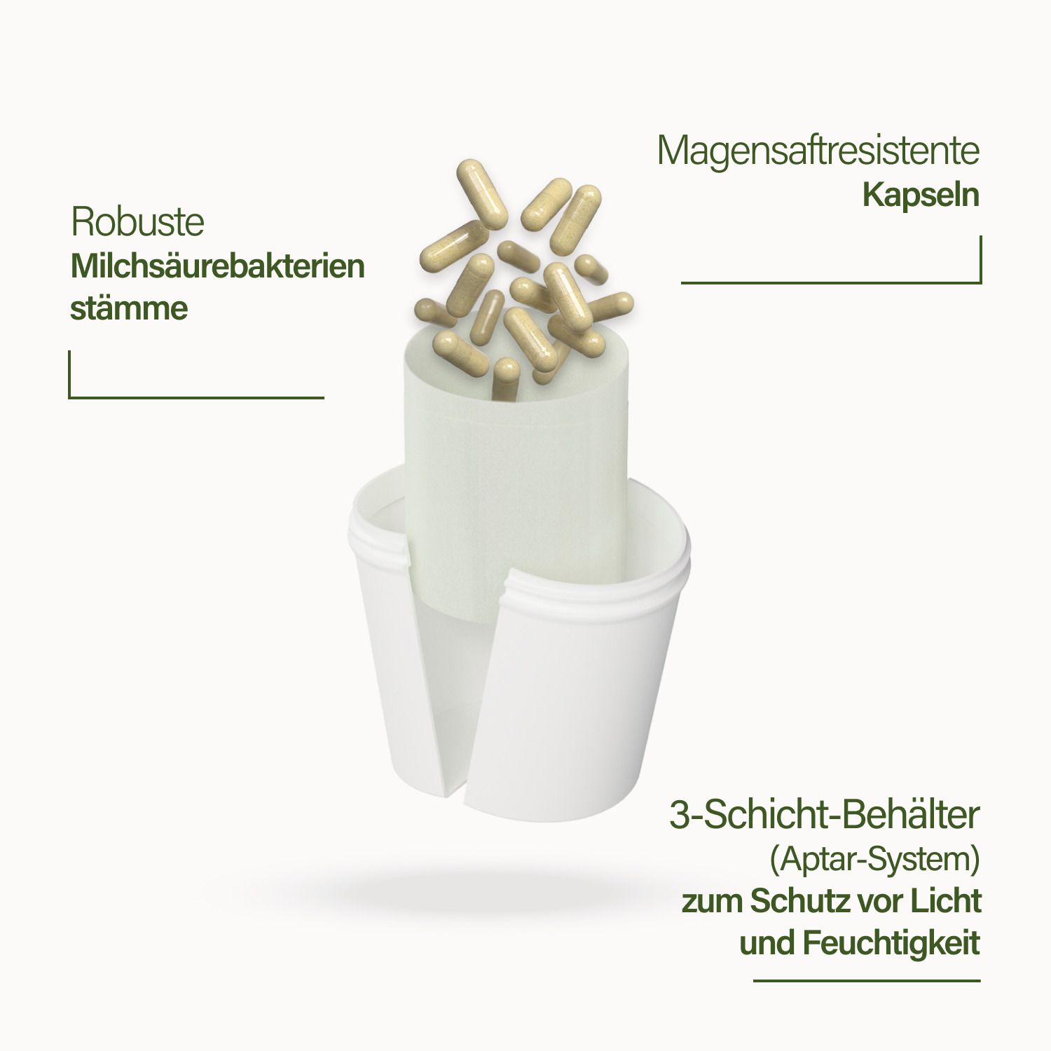 Schnittbild einer Kapsel. Text: Magensaftresistente Kapseln. 3-Schicht-Behälter (Aptar-System) zum Schutz vor Licht und Feuchtigkeit.