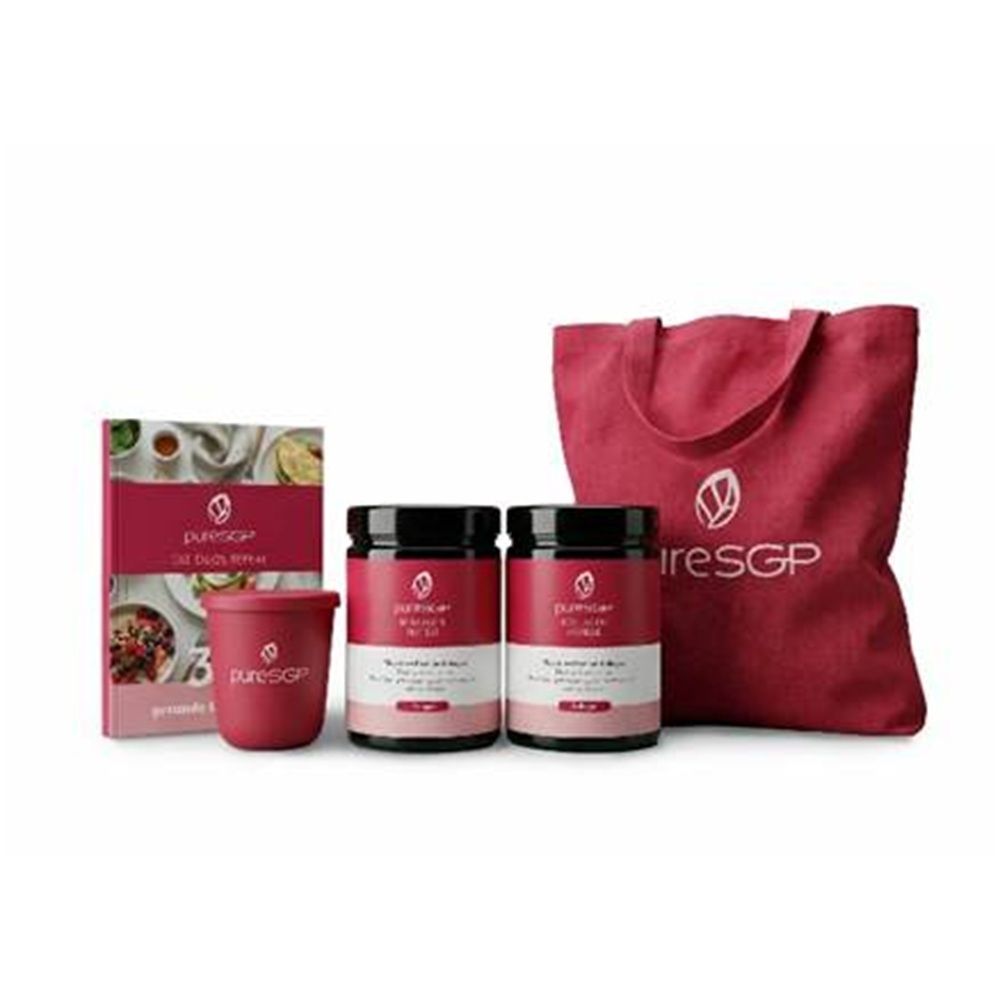 pureSGP Kollagen Starter Set: Zwei Dosen, ein Becher, ein Kochbuch und eine Stofftasche.