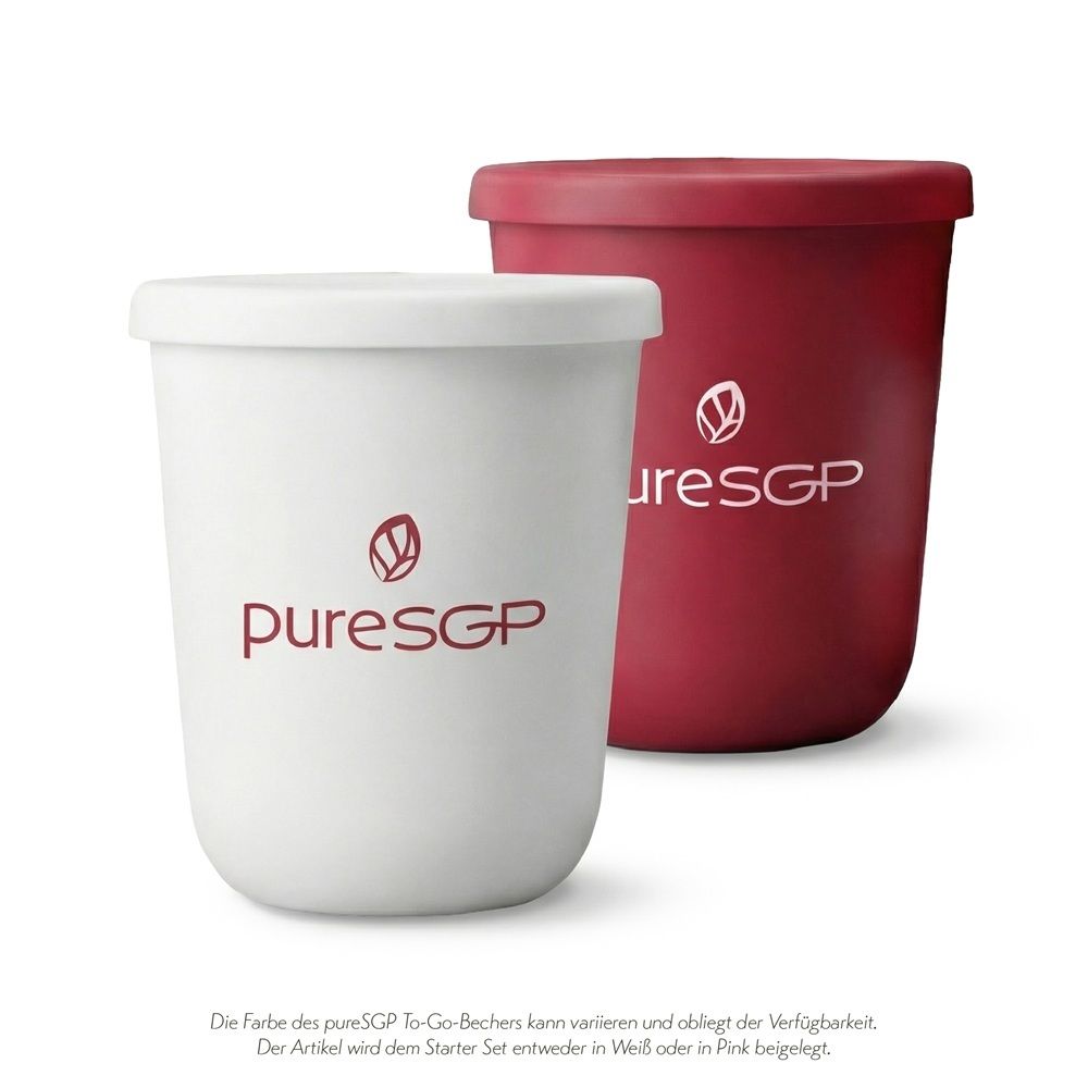 Zwei pureSGP To-Go-Becher, einer in Weiß, einer in Rot.