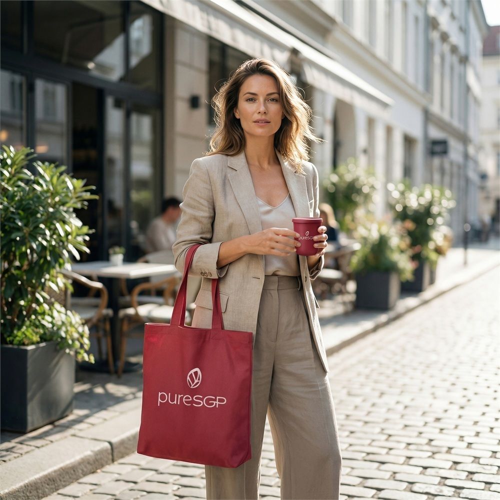 Frau mit einer roten pureSGP Stofftasche und einem roten Becher in der Hand.