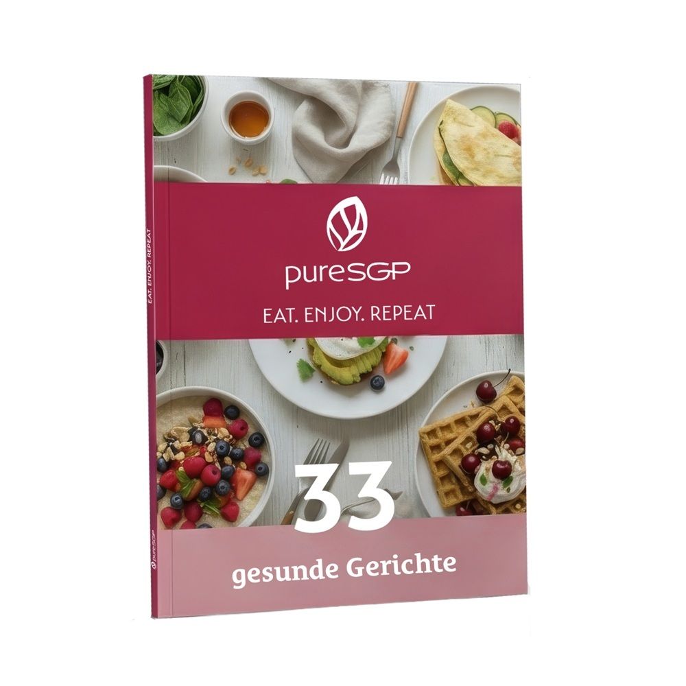 Kochbuch "33 gesunde Gerichte" von pureSGP mit Bildern von Speisen.