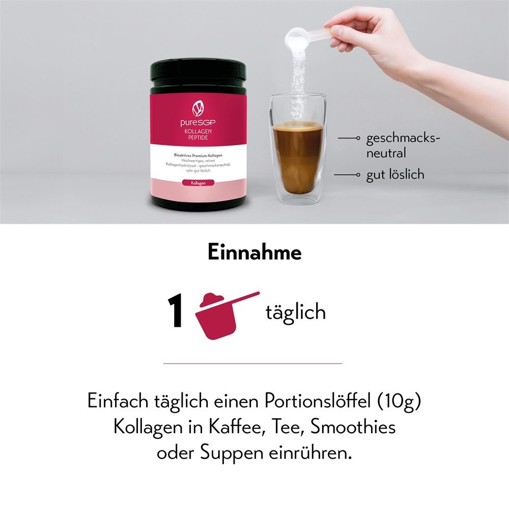 Anwendung von pureSGP Kollagen Pulver in einem Glas Kaffee.