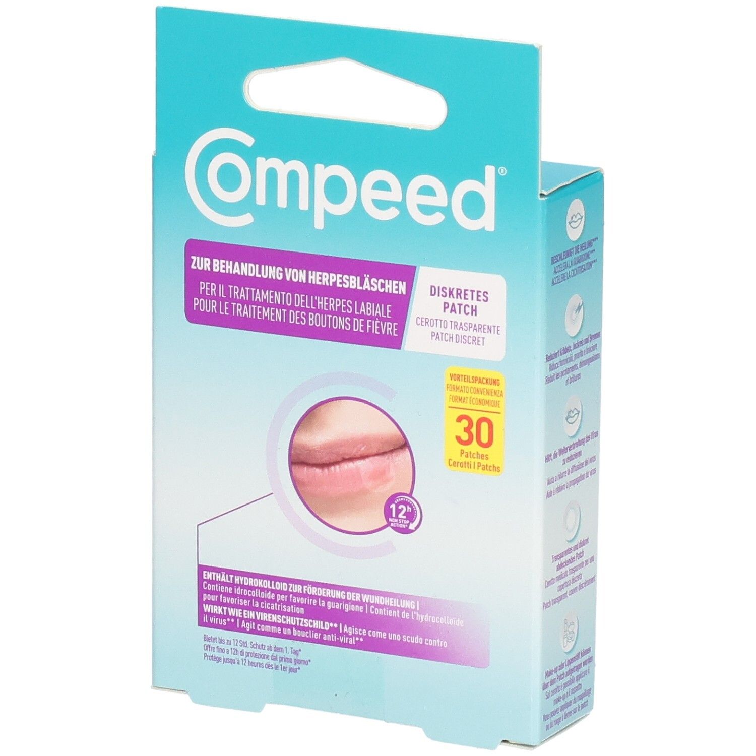 Compeed Herpesbläschen Patch Vorteilspackung mit 30 diskreten Patches zur Lippenherpesbehandlung.