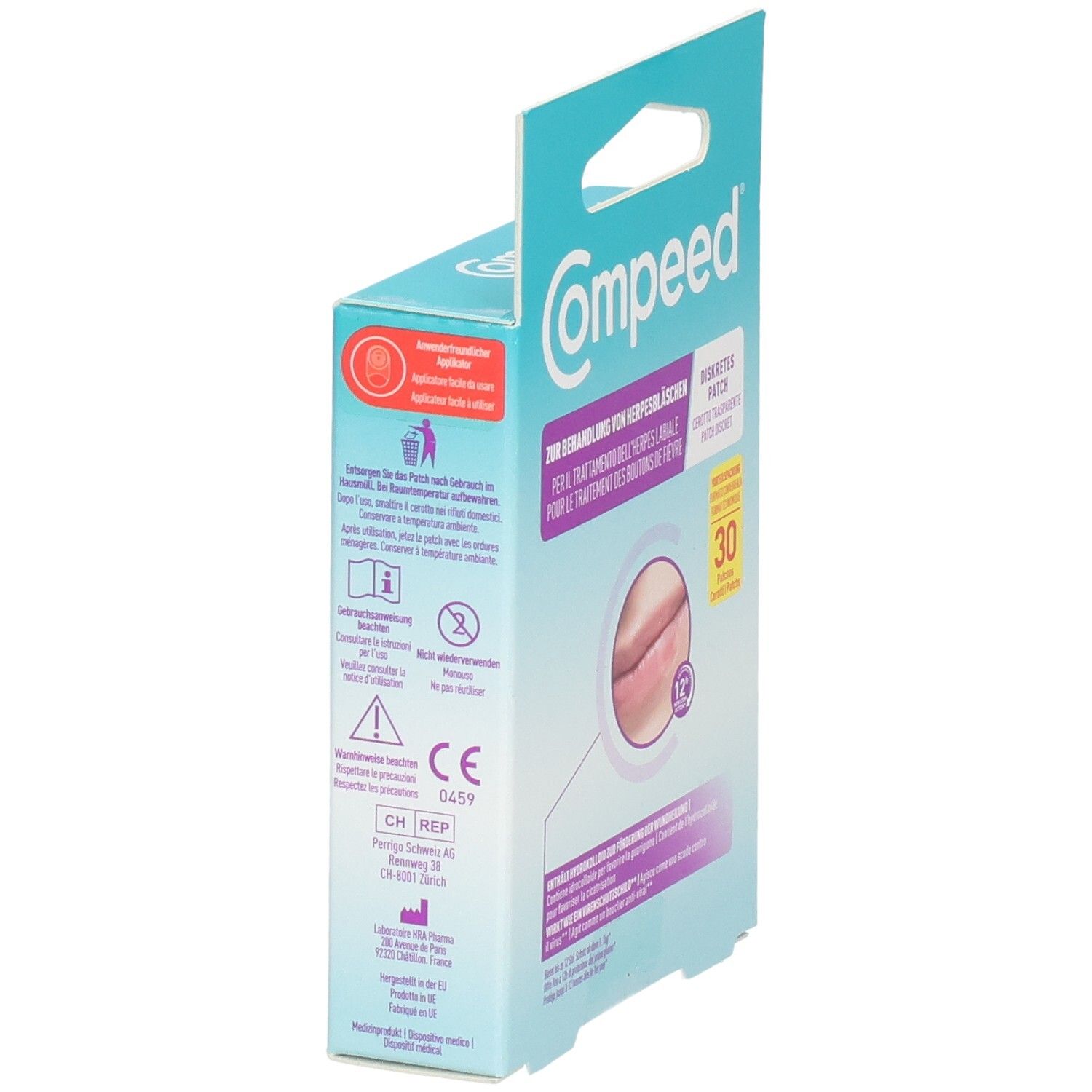 Rückseite der Compeed Herpesbläschen Patch Vorteilspackung mit Anwendungshinweisen und CE-Kennzeichnung.