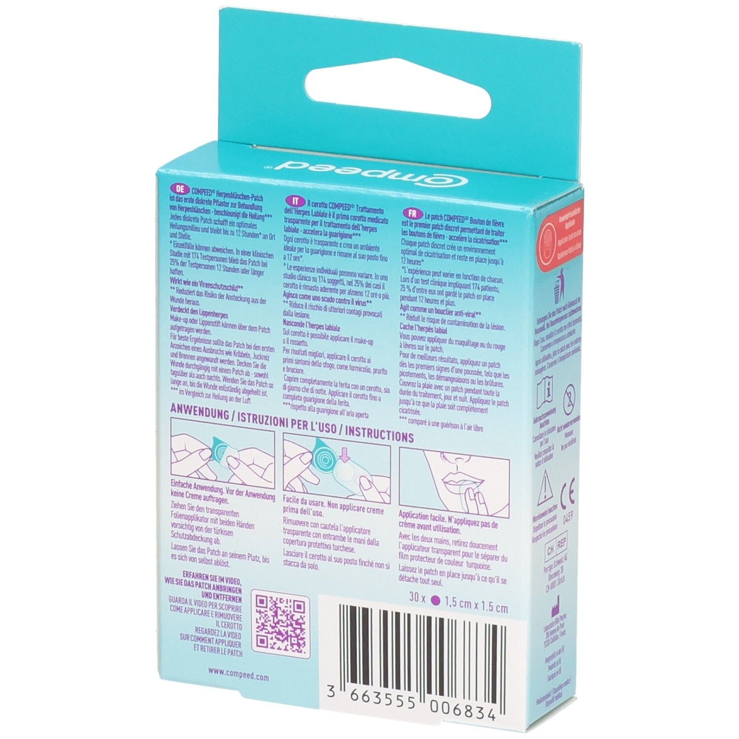Rückseite der Compeed Herpesbläschen Patch Vorteilspackung mit Anwendungshinweisen und Barcode.