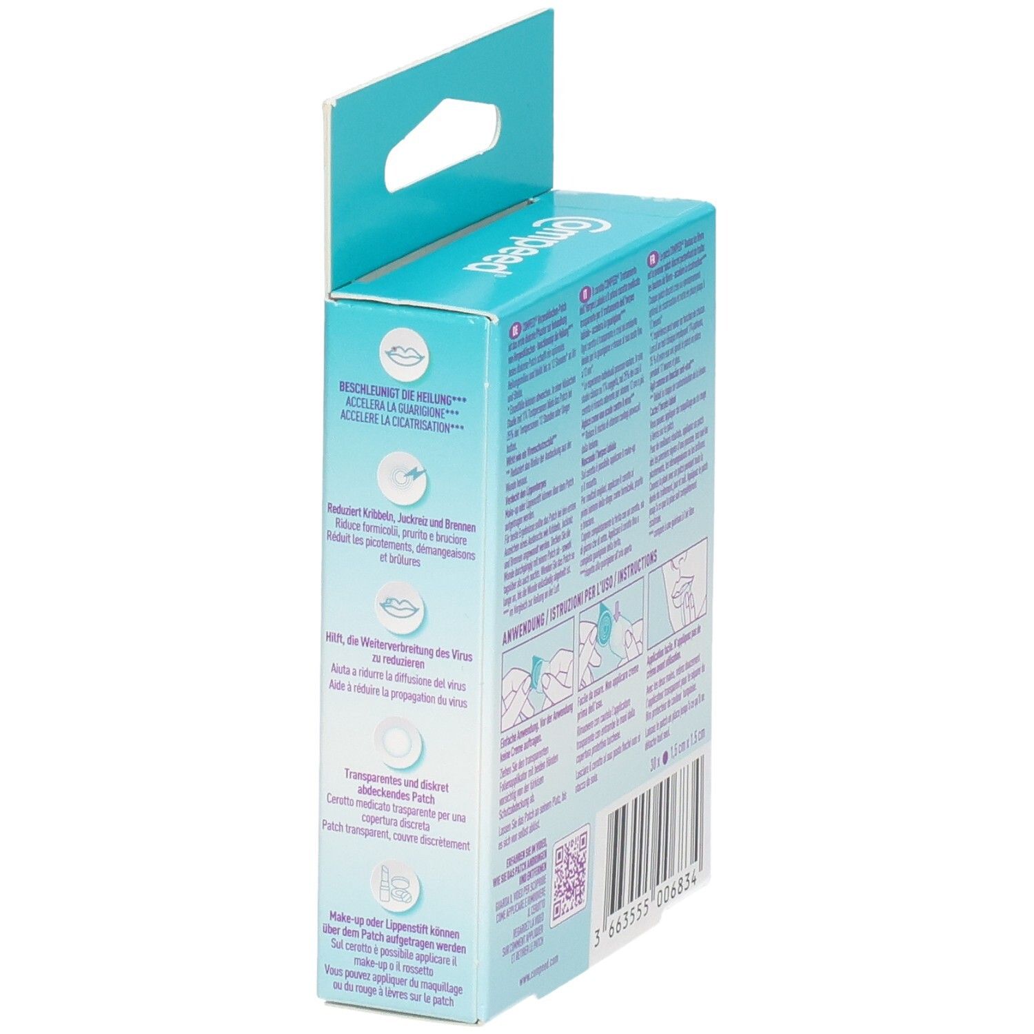 Seitenansicht der Compeed Herpesbläschen Patch Vorteilspackung mit Produktinformationen.