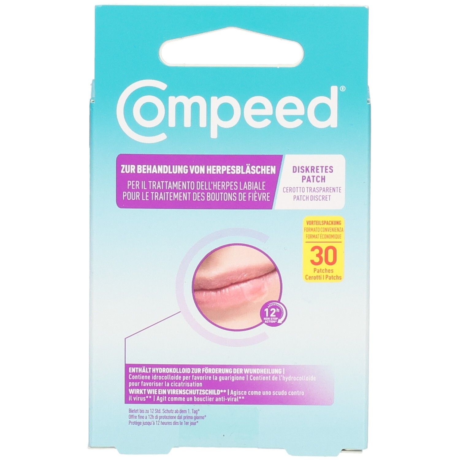Vorderseite der Compeed Herpesbläschen Patch Vorteilspackung, zeigt diskrete Patches und Lippenherpes.