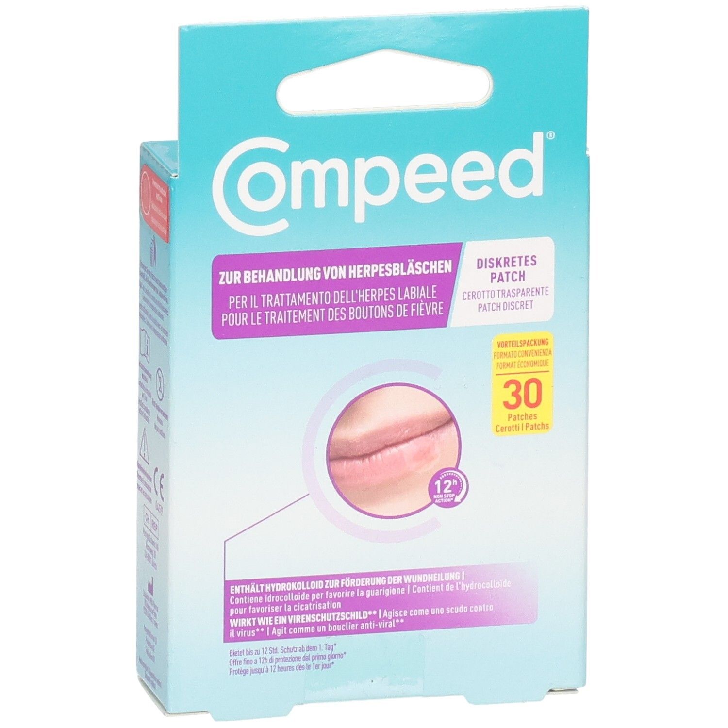 Vorderseite der Compeed Herpesbläschen Patch Vorteilspackung mit 30 diskreten Patches.