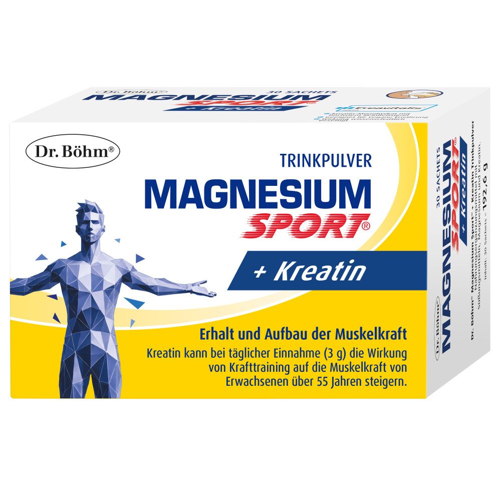 Packung Dr. Böhm Magnesium Sport + Kreatin Trinkpulver mit Abbildung eines Mannes.