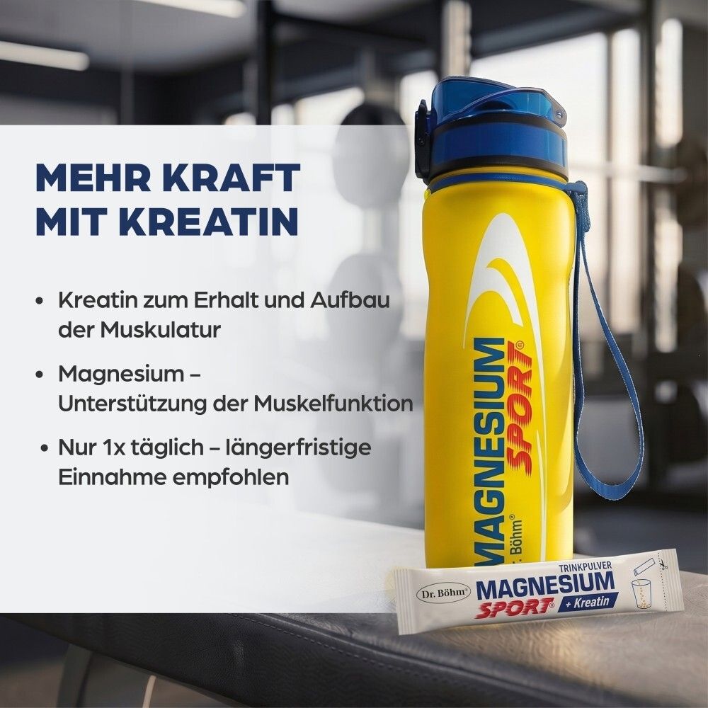 Gelbe Trinkflasche und Sachet Dr. Böhm Magnesium Sport + Kreatin.