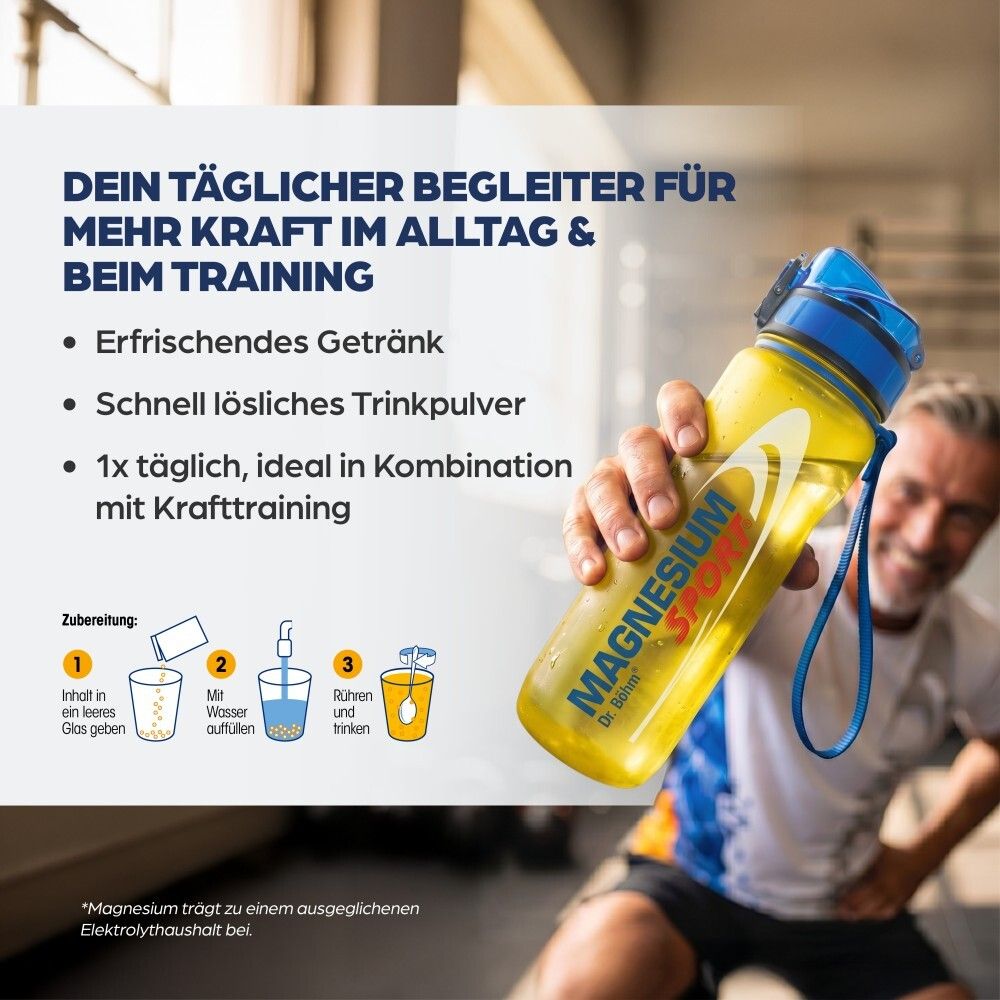 Mann hält Trinkflasche, Zubereitung von Dr. Böhm Magnesium Sport + Kreatin.