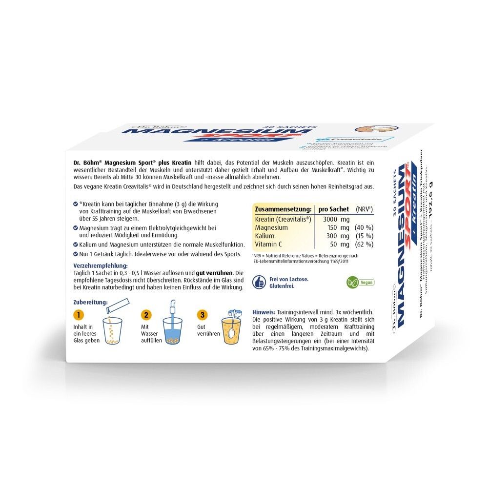 Rückseite der Packung Dr. Böhm Magnesium Sport + Kreatin mit Zusammensetzung.