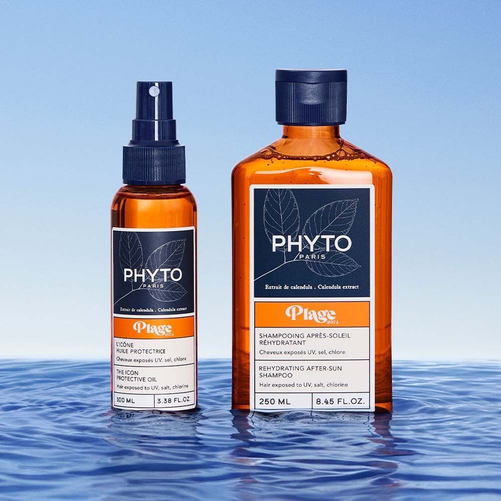 PHYTO Paris Plage The Icon Protective Oil Flasche und Shampoo in Wasser.
