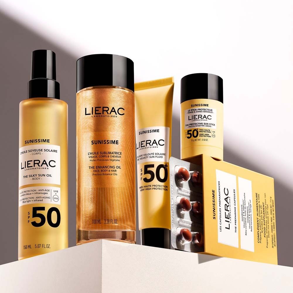 Produktset Lierac Sunissime: Öle, Sonnencreme und Kapseln für einen strahlenden Teint.